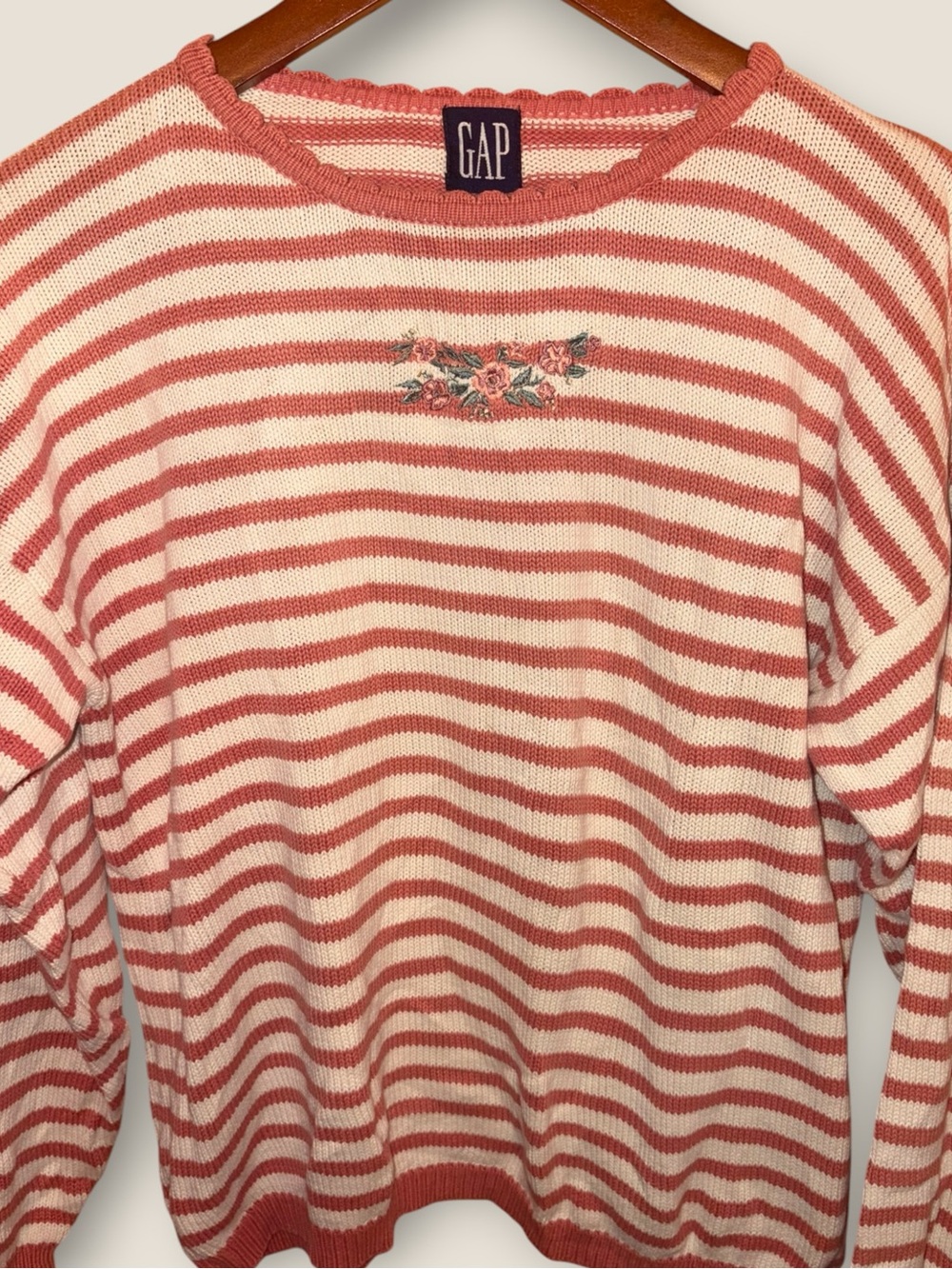 Vintage CottagecoreCream and Coral Striped Cotton Sweater with Floral Embroidery